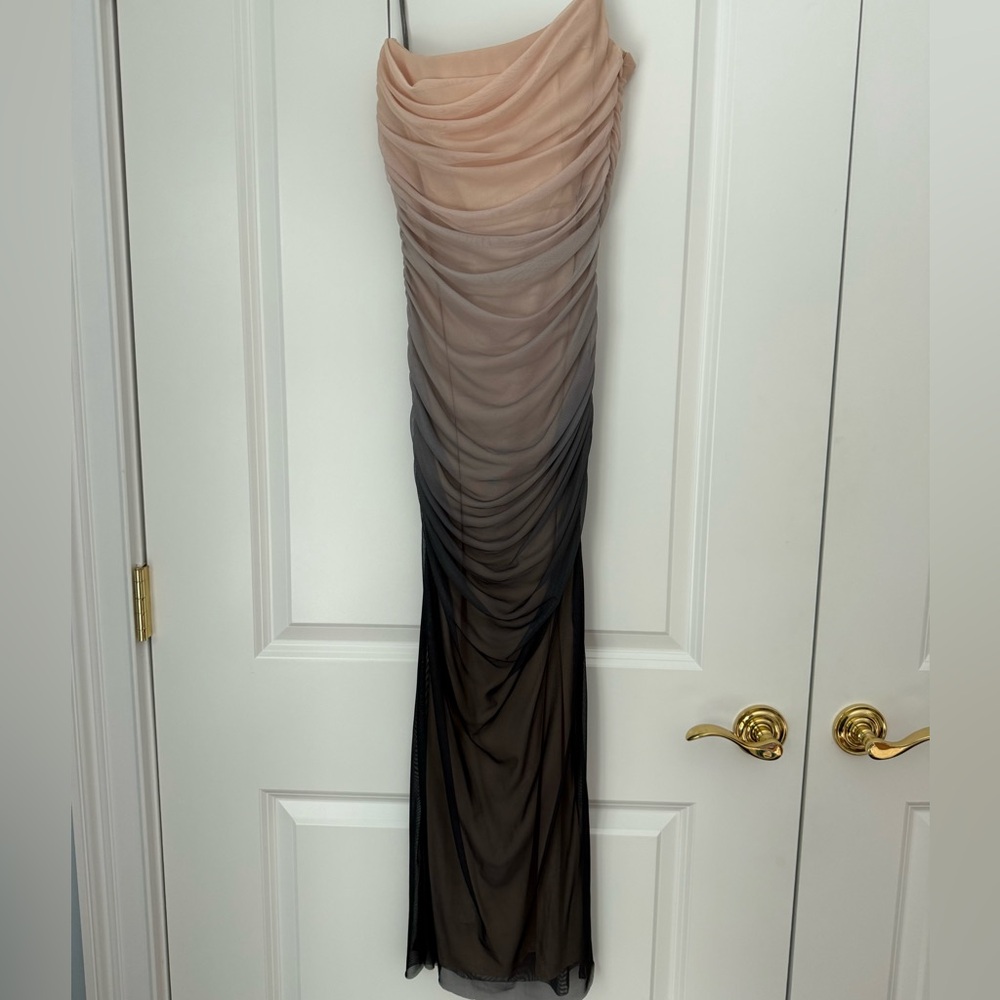 Zara Ombre Ruched Midi Dress in Nude to Black